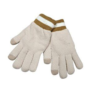 Adults Beige‎ Brown Striped Knit Gloves Fuzzy Lined Touchscreen Tips Warm Cozy